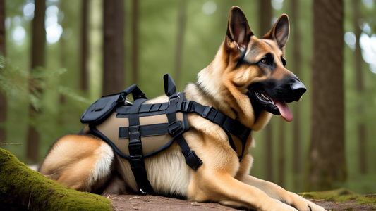 A highly detailed image of a sturdy and rugged tactical dog harness, shown on a well-groomed, alert German Shepherd in an outdoor, wooded setting. The harness features multiple adjustable straps, refl