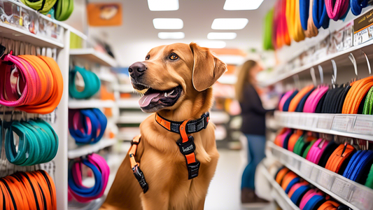 Create an image of a happy dog owner in a bright, well-organized pet store, examining different Halti harnesses on a display rack. The store should have colorful posters of happy dogs and various pet