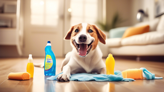 Create an image of a cheerful dog holding a bottle of pet-friendly cleaning product in its mouth. Surround the dog with sparkling clean areas, including shiny floors, spotless dog toys, and a gleaming