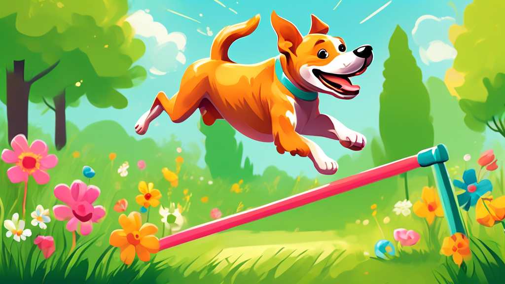 Create an image of a playful dog enthusiastically jumping and tugging on a spring pole in a sunny, green backyard. The dog, a happy and energetic breed, is mid-air, gripping the toy with its teeth, wh