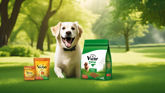 Create an image of a happy dog with a shiny coat energetically playing in a lush green park. Beside the dog, place a bag of Victor Super Premium Dog Food with visible branding. Add elements that sugge
