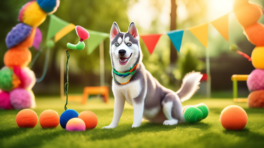 Create an image of a joyful Siberian Husky playing with a variety of dog toys in a vibrant outdoor setting. The scene includes colorful chew toys, rope toys, a frisbee, and a tennis ball, all arranged