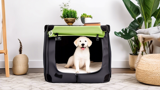 Create an image of a happy, relaxed dog sitting comfortably inside a modern, portable dog crate. The crate should be lightweight, foldable, and have breathable mesh sides with a soft, padded base. The