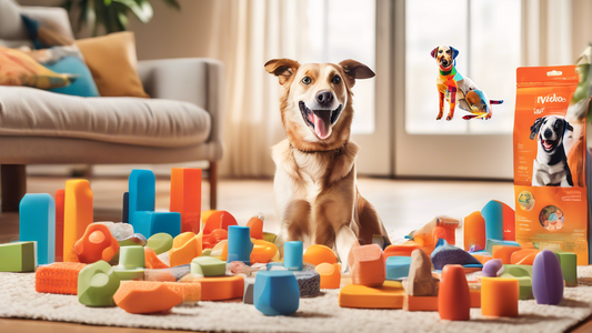 A cheerful dog surrounded by a variety of Nylabones in different shapes and sizes, set in a cozy, well-lit living room. The dog looks excited and playful, while Nylabone packaging and a comparison cha