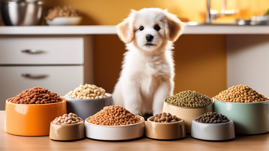 Create an image of an adorable, fluffy puppy sitting next to a variety of high-quality pet food bowls with vibrant, fresh ingredients like meat, vegetables, and grains. The background should be a cozy