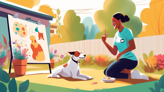 Illustration of a deaf dog learning commands from a patient trainer using sign language, touch signals, and visual cues in a vibrant backyard setting. Include elements like treats, positive reinforcem