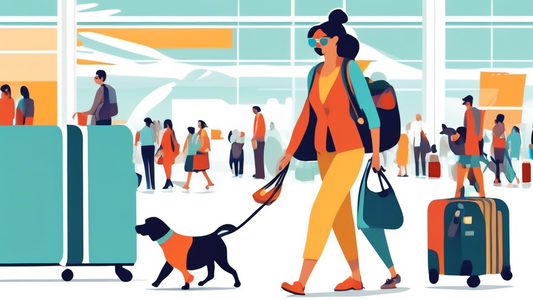 Create an image of a cheerful dog owner walking through an airport with trendy and stylish small dog sling carriers. The carriers should come in various colors and designs, comfortably holding small,