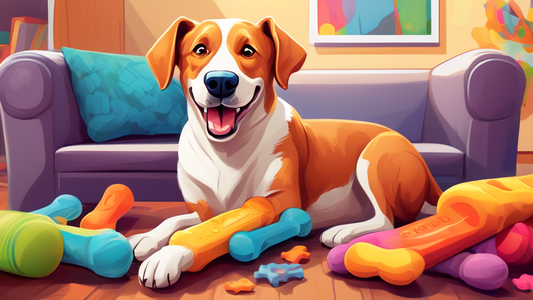 Create an image of a happy dog in a cozy living room, comfortably chewing on a colorful, durable nylon bone. The dog should look content and healthy, while various dog toys and a comfy pet bed are vis