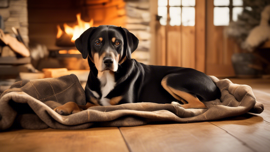 Create an image of a dog comfortably resting on a Carhartt-branded blanket. The blanket should have a rugged, durable appearance, yet look soft and cozy. The dog should look content and relaxed, possi