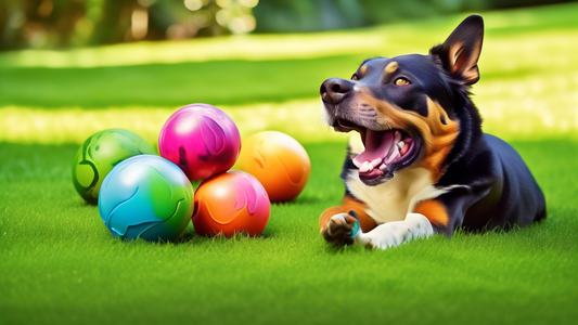 Create an image of a happy dog playing with a vibrant, colorful, and durable Planet Dog Orbee Tuff toy in a lush, green backyard. Include close-ups showing the toy's texture and durability, with the d
