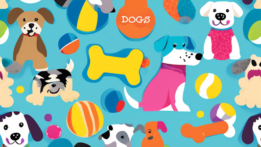 Create an image of colorful and durable plush dog toys in various shapes and sizes arranged on a bright and playful background. Include popular designs such as a squeaky bone, a chew-resistant teddy b