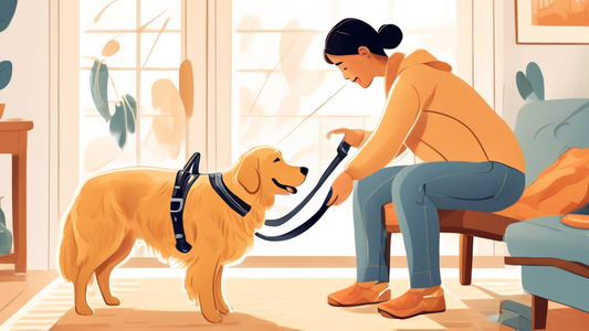 A detailed and heartwarming illustration of a dog owner gently fitting a supportive lift harness onto their senior Golden Retriever's back legs. The harness is padded and adjustable, designed specific