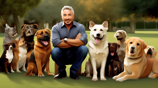 Create an image depicting Cesar Millan, the famous dog behaviorist and trainer, in an outdoor setting surrounded by different dog breeds. He should be demonstrating one of his well-known training tech