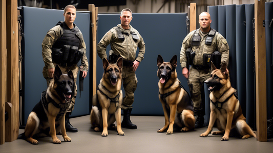 Create an image featuring a dynamic training session where military and police personnel are collaboratively training K9 units. The setting should be a specialized facility with obstacle courses. The