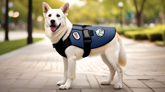 Create an image of a well-groomed psychiatric service dog wearing a specially-designed vest, equipped with clear identification patches and pockets. The background should feature a calm, public settin