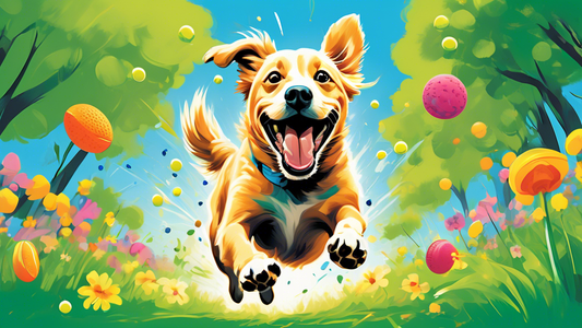 Create an image of a happy dog joyfully playing with a small tennis ball in a lush, green park. The dog is mid-leap with its tongue out, and the background includes colorful flowers and a clear blue s
