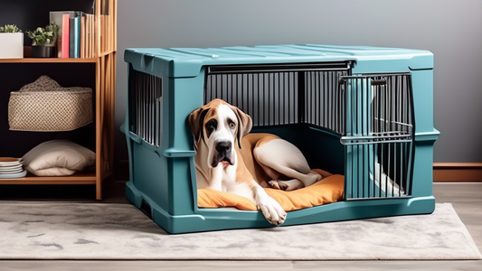 A spacious, well-designed XL dog crate made for a large breed dog like a Great Dane or a St. Bernard, featuring sturdy materials and a comfortable interior with soft bedding and toys, placed in a cozy