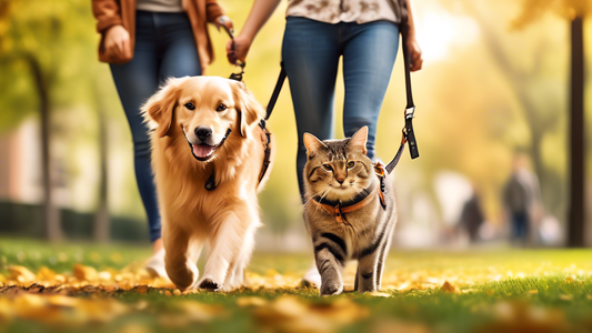 Create an image of a happy dog and cat walking together in a beautiful park, both wearing comfortable, stylish freedom harnesses. The dog is a golden retriever, and the cat is a tabby. Include diverse