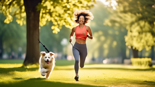 Create an image depicting a joyful dog owner jogging in a picturesque park with their energetic dog. The owner is using a hands-free dog leash that wraps comfortably around their waist, allowing them