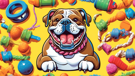 Create an image of a happy, muscular bulldog with strong jaws joyfully playing with a variety of durable dog toys designed for heavy chewers, including rubber bones, rope toys, and tough chew rings, a