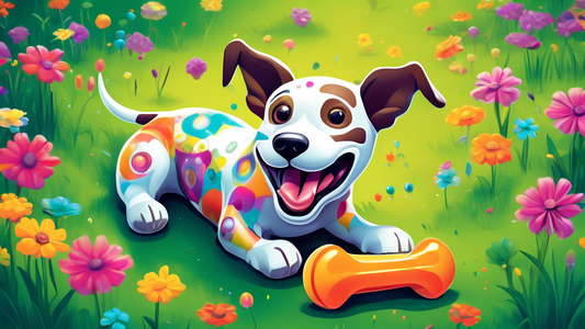 Create an image of a happy dog playing with a futuristic, colorful Playology Bone in a vibrant backyard filled with lush green grass and blooming flowers. The Playology Bone should feature glowing ele