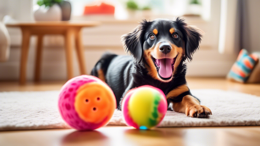 Create an image of a playful dog in a bright, cheerful home setting, enthusiastically engaging with a colorful vibrating dog toy. The toy should be in mid-motion, emitting gentle vibrations, and the d
