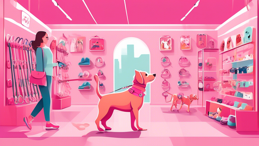 Create an image of a cheerful pet shop aisle showcasing a variety of stylish pink dog leashes. Highlight different shades, patterns, and materials of leashes hanging neatly. Include a small display wi