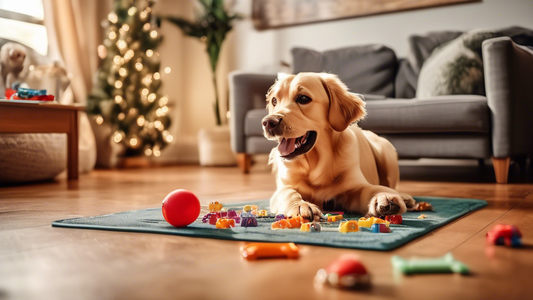 A happy dog excitedly playing with a Kong puzzle toy filled with treats, set in a cozy living room with soft lighting. The dog is a mid-sized breed, perhaps a Labrador or Cocker Spaniel, showing focus