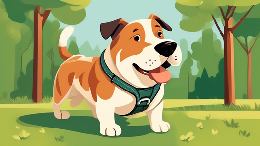 Create an image of a happy, muscular dog with a sturdy, high-quality dog lead. The dog should be wearing the lead confidently during a walk in a beautiful park setting, with trees and greenery in the