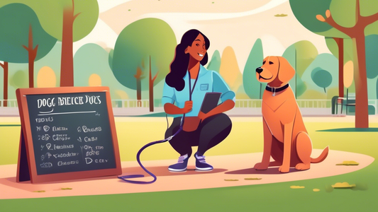 Create an image featuring a well-behaved dog sitting obediently next to a professional dog trainer in an outdoor park setting. The trainer is holding a leash and clicker, while a chalkboard in the bac
