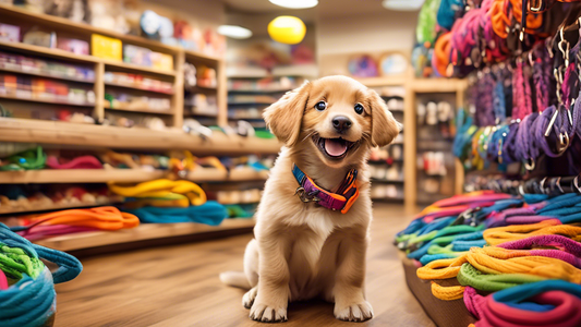 Create an image of a joyful puppy in a cozy, pet-friendly store, surrounded by a variety of colorful leashes on display racks. The store has a warm, welcoming atmosphere with shelves of pet supplies a
