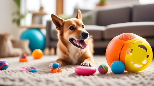 Create a vibrant and lively scene featuring a playful dog enjoying a variety of remote control dog toys. Show different types of toys, such as a robotic ball, a moving frisbee, and a mini RC car, all