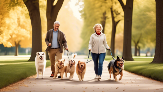 Create an image of a person cheerfully walking two happy dogs in a scenic park setting, using a double leash. Emphasize the ease and control provided by the double leash, with the dogs walking calmly