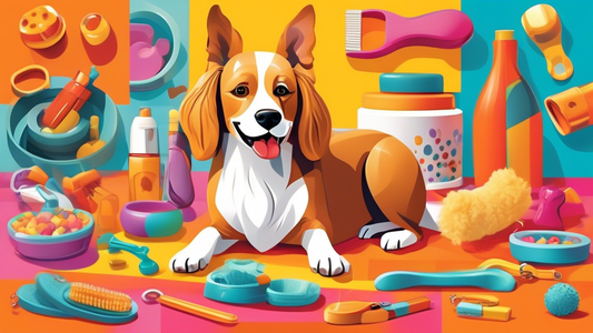 Create an image of a cheerful, well-groomed dog surrounded by various top-rated canine products. Include items such as a stylish dog bed, nutritious food bowls, interactive toys, grooming kits, and a