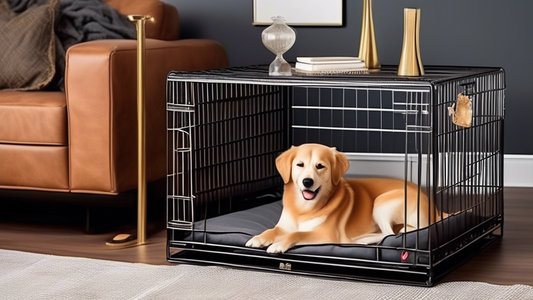 Create an image of a cozy living room with a high-quality metal dog crate placed in a corner. The crate should have a comfortable bed inside, with a playful dog happily peeking out. Surround the scene