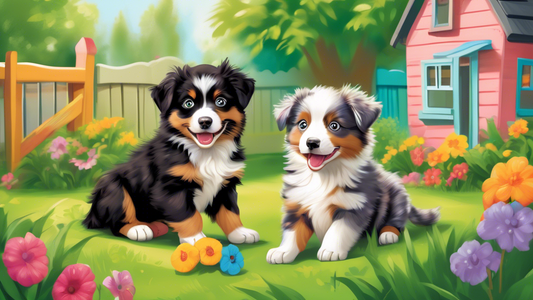 A heartwarming scene of adorable Miniature Australian Shepherd puppies playing in a lush, green backyard. Surrounding the scene are colorful, friendly neighborhood houses, implying a local community.