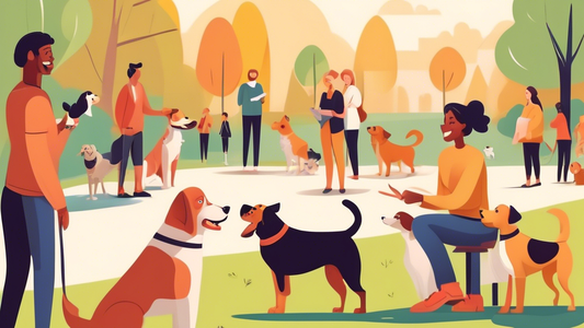 Create an image of a cheerful dog training session in a sunny park setting. The scene includes a friendly dog trainer interacting with various dogs of different breeds, sizes, and ages. Pet owners are