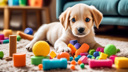 An adorable puppy surrounded by a variety of chew toys, engaging with one happily in a cozy living room setting. The room shows tips and tricks for managing chewing habits, like 'Provide plenty of che