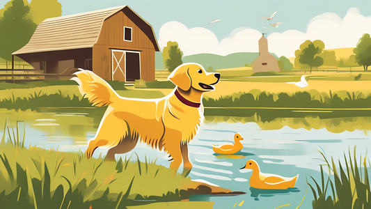 Create an illustration of a cheerful Golden Retriever learning to retrieve ducks in a calm, picturesque countryside setting. The scene should show an experienced trainer nearby, wearing outdoor gear,