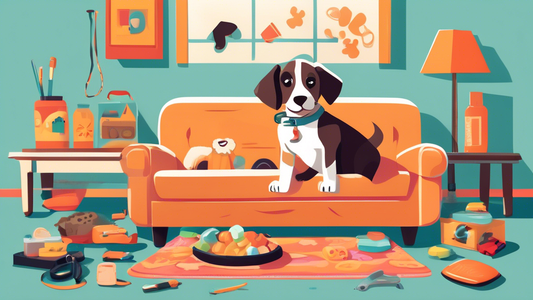 A cozy living room scene featuring a playful puppy surrounded by essential supplies for new dog owners, including a comfortable dog bed, various chew toys, a water and food bowl, pet-safe grooming too