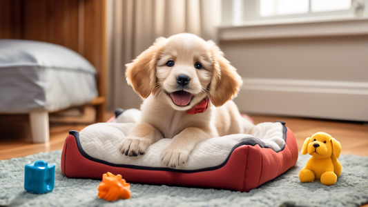 Create an image showcasing a cozy, well-lit living room where a happy, playful puppy is comfortably resting inside a spacious, well-ventilated kennel. The scene includes soft, plush bedding and a few