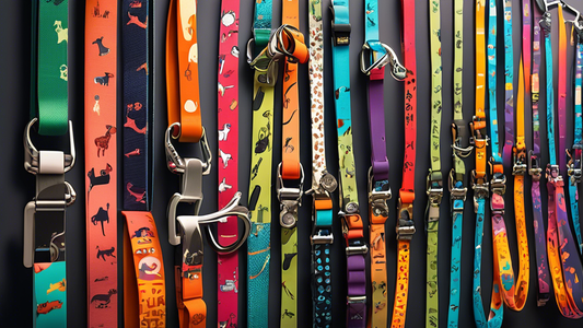 Create an image of a variety of stylish and durable Wild One dog leashes displayed in a pet store setting. Include vibrant colors, different leash designs, and happy dogs of various breeds with their