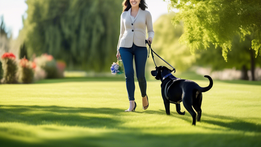 A serene scene featuring a black Labrador Retriever wearing a well-fitted, stylish Halti headcollar. The setting is a beautifully landscaped park with green grass, blooming flowers, and a clear blue s