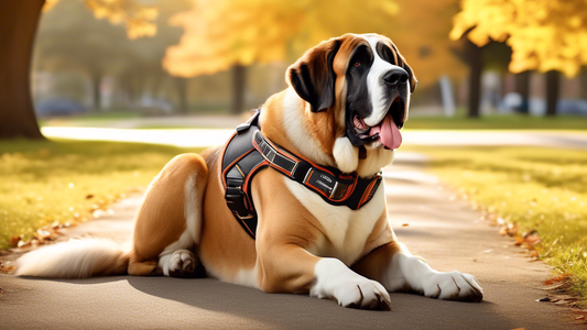 A high-quality, detailed image of a large, muscular dog like a Saint Bernard or Great Dane proudly wearing a well-fitting, comfortable, 3XL dog harness. The background shows a friendly park setting wi