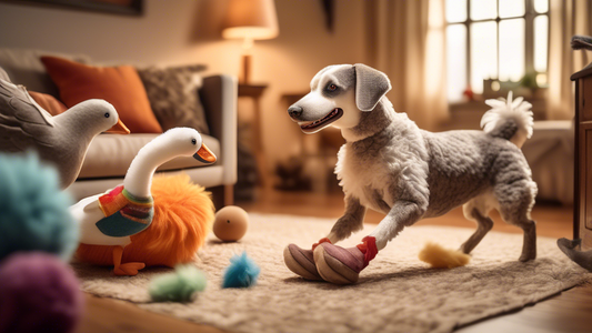A whimsical scene of a dog joyfully playing with a plush goose-shaped toy in a cozy living room. The dog looks ecstatic, wagging its tail and prancing around, while the goose toy appears detailed and