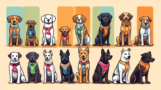 Create an image showcasing a variety of front harnesses for dogs, neatly arranged on a table with informative labels. Include different dog breeds wearing the harnesses, each looking comfortable and h