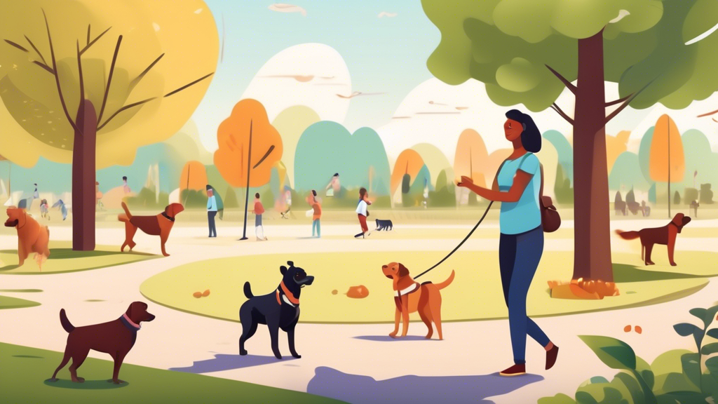 Create an image of a confident dog owner practicing off-leash training techniques in a spacious, scenic park. The scene should include the owner using positive reinforcement with treats and toys while