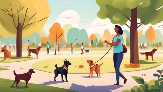 Create an image of a confident dog owner practicing off-leash training techniques in a spacious, scenic park. The scene should include the owner using positive reinforcement with treats and toys while