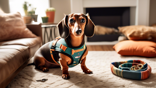 Create an image of a happy dachshund being fitted with a comfortable, well-designed harness in a cozy living room. The harness should be shown in various styles and colors, with the dachshund owner ca