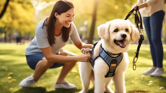Create an image of a cheerful pet owner in a park fitting a front-attaching dog harness onto a happy, medium-sized dog. The scene should show a variety of dog harnesses displayed on a nearby stand wit